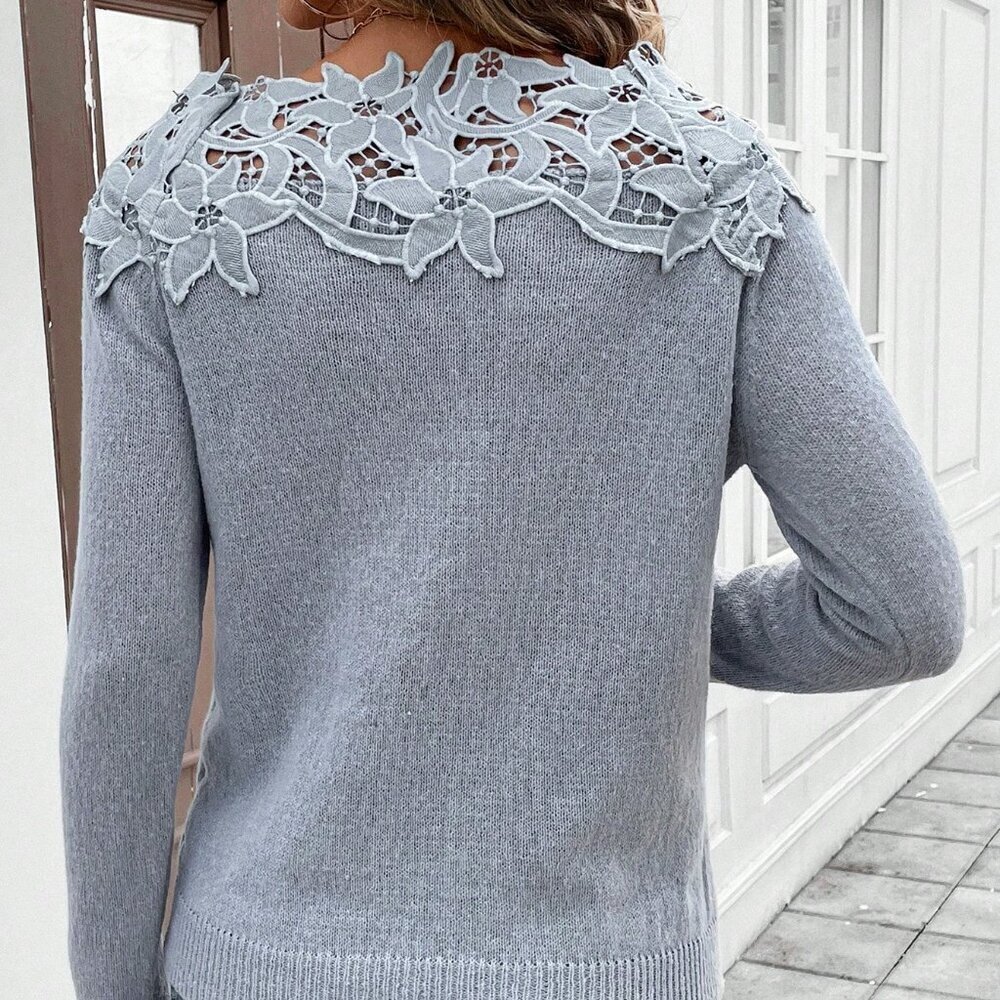 Grey Casual Women's Lace Patchwork Crew Neck Pullover Sweater - Picture 2 of 5